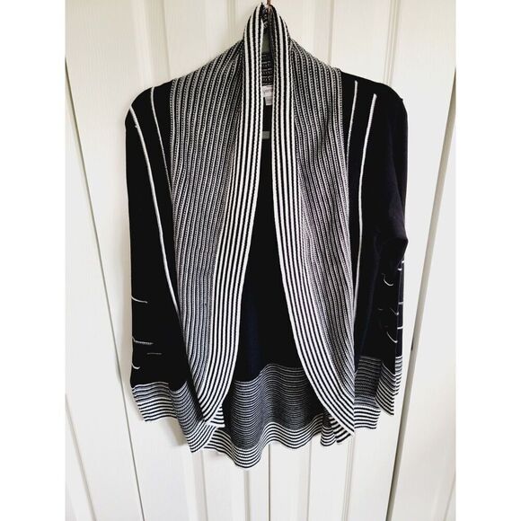 Avenue 14/16 Black White Striped Open Waterfall Front Cardigan Sweater L/S - Picture 1 of 8